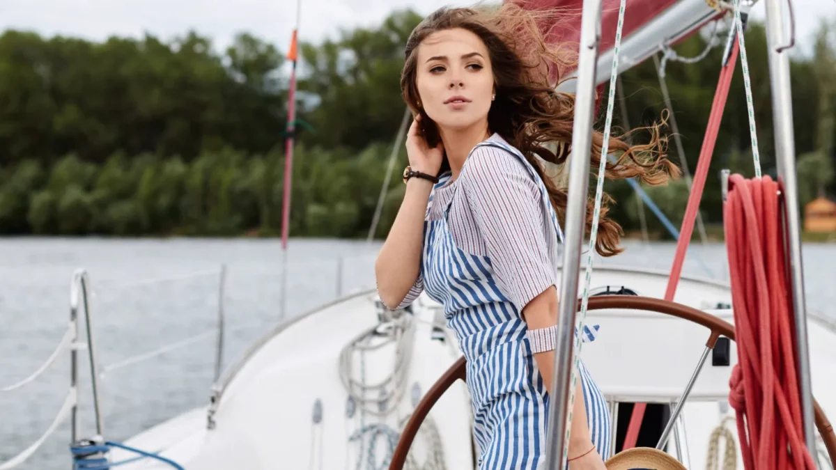 Woman in blue striped nautical dress
